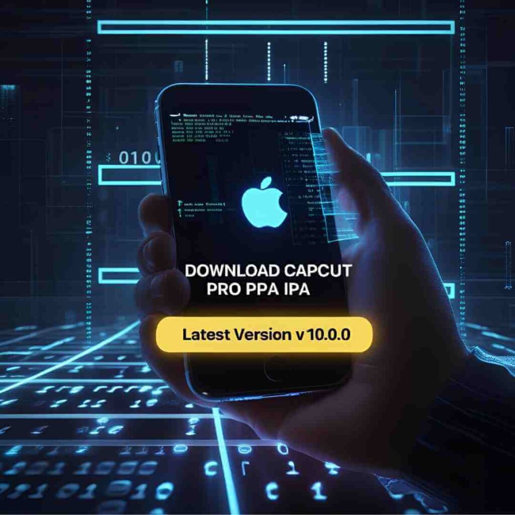 CapCut Pro IPA v10.0 (2024) for iOS with unlocked premium filters, 4K exports without watermark, and all VIP features. Shown on iPhone screen with editing interface visible for TikTok/Reels content creation.